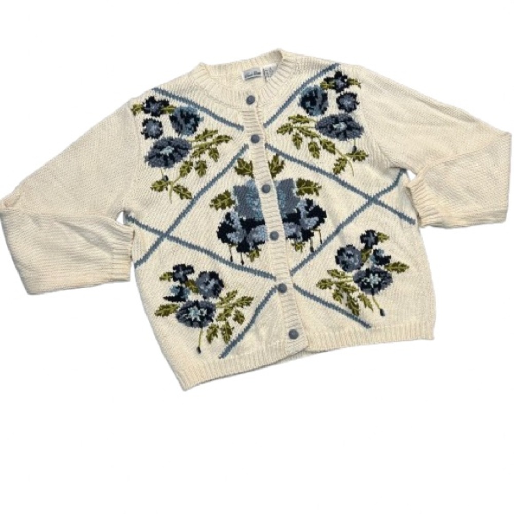 Cardigan Size S Ivory Blue Floral Knit Embroidered Granny Grandma Cottage Core